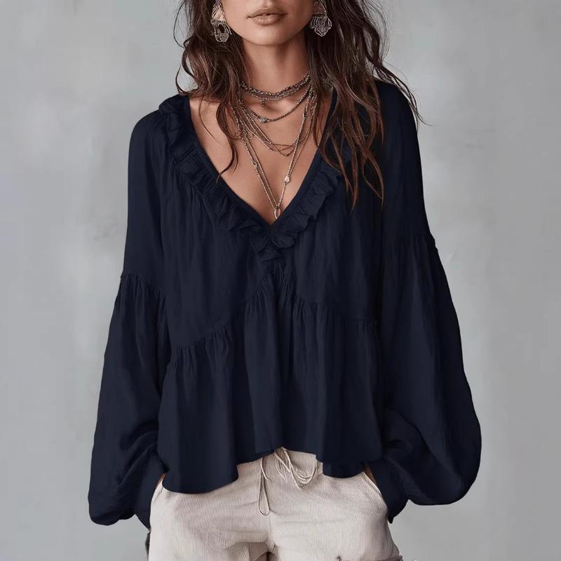Women S Sweet Ruffled V Neck Puff Sleeve Loose Blouse For Spring Summer