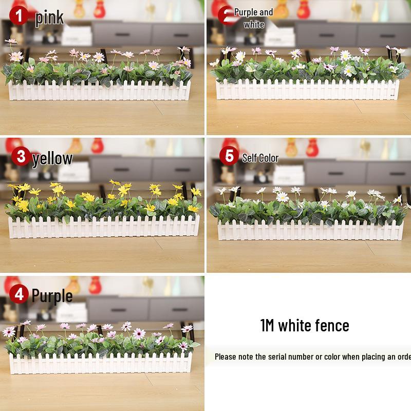 Silk Flower Pot with Wood Fence: Decorative Bonsai for Living Room or Office.