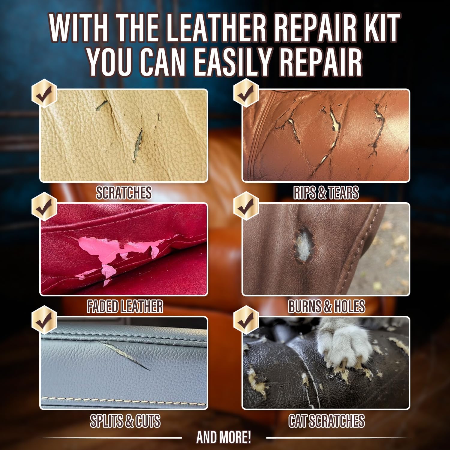 Leather Repair Kit for Furniture, Sofa, Jacket, Car Seats and Purse. Vinyl Repair Kit. Super Easy Instructions to Match Any Color, Restore Any