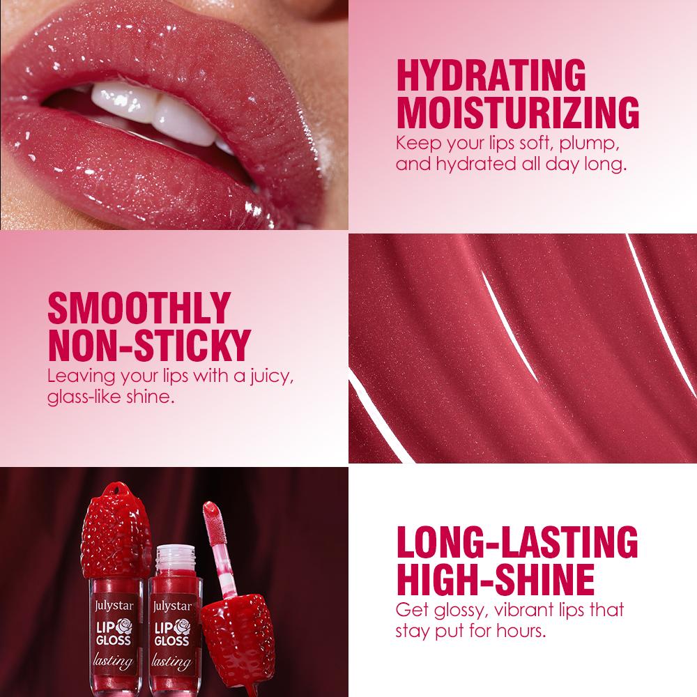 Julystar Himbeer Lippen-Gloss 8ml Feuchtigkeitsspendender Hochglanz Lippen-Glanz Nicht Klebrig Feuchtigkeitsspendend Langanhaltender Glänzender Beeren-Duft Lippen-Make-up für Frauen