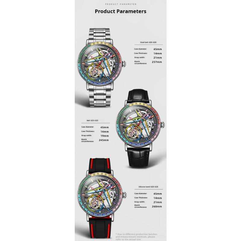 Dulunwe Regenbogenfarbene Edelstein-Tourbillon-Mode-Skelettuhr für Herren, wasserdicht bis 30 m, Sportuhren, luxuriöse automatische mechanische Armbanduhr