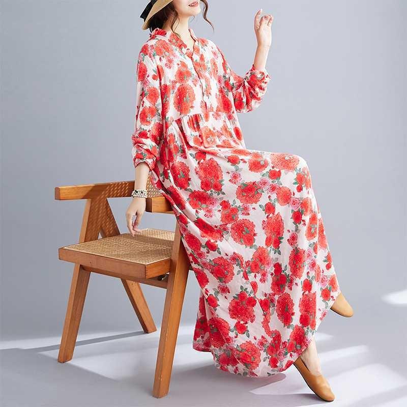 Neue Böhmische Vintage Bedruckte Locker Langarm Großer Schwung Lange Kleider