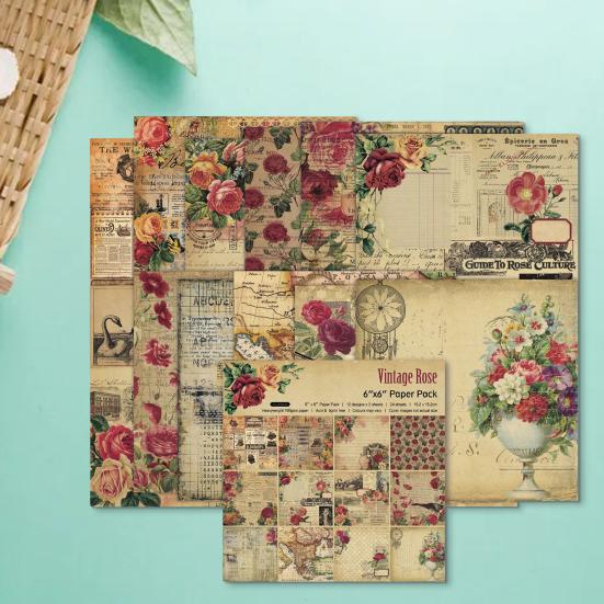24Pcs/Set Scrapbook Paper DIY Retro Vintage Flower Print Design Background Paper for Greeting Cards