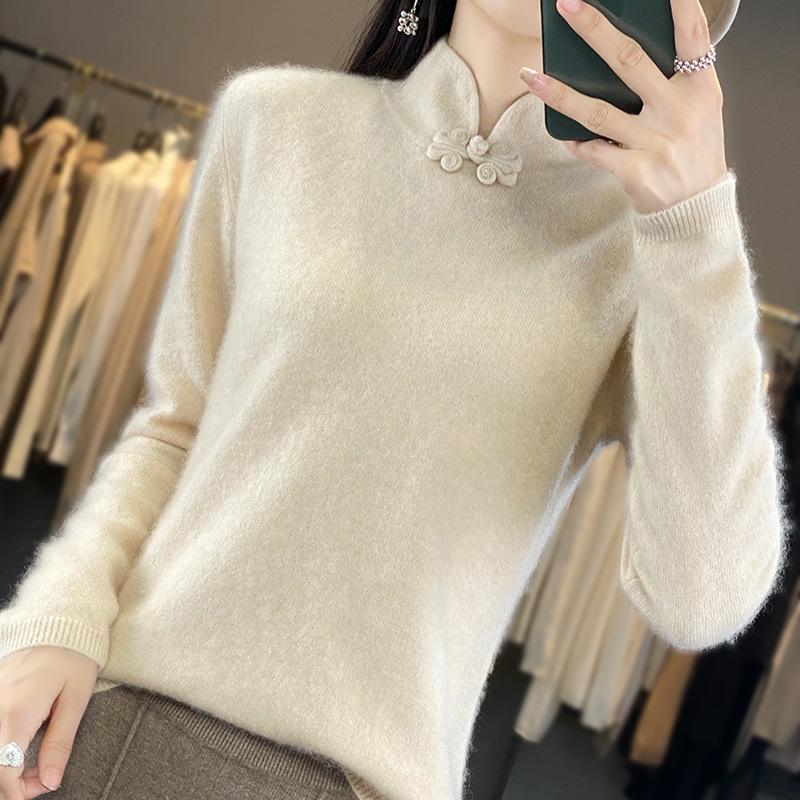 Women's 100% Wool Retro Stand Collar Sweater with Frog Buttons, Solid Color Knit, Autumn/Winter 2025 Collection