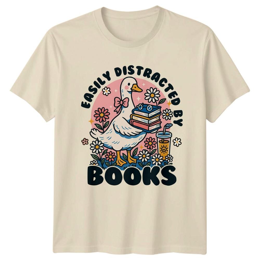 Easily Distracted By Books Unisexs TShirt Whimsical Goose Reader Literature