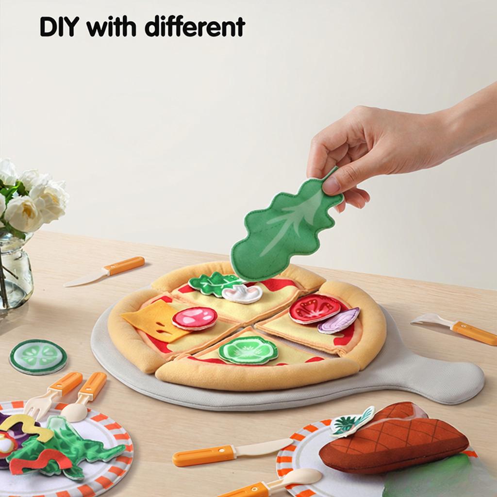 Pretend Play Food Set 31 Piece Felt Play Cutting Pizza Toys DIY Pizza Kits with Beef Steak Vegetables Dinnerware Plates Accessories Kitchen Toy Chef
