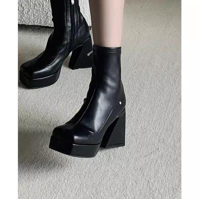 Bottes noires à talons hauts pour femmes automne bottes élastiques à talons épais bottines Mary Jane bottes Martin à semelles épaisses bottes fines à bout carré rehaussantes