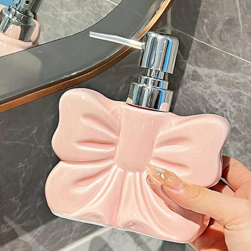 1pc, Ceramics Bowknot Lotion Press Bottle, Household Bathroom Shower Gel Bottle, Plastic Pump Head, Bathroom Liquid Dispenser