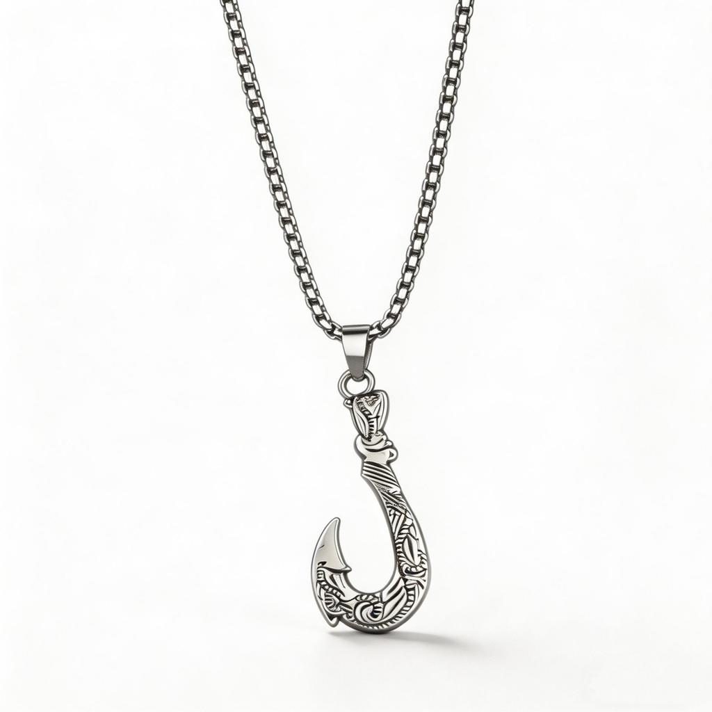 Men's Retro Fish Hook Pendant Necklace with Square Pearl Chain