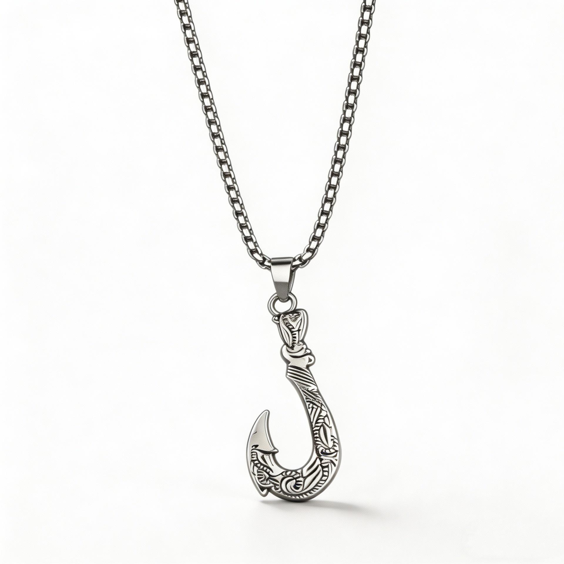 Men s Retro Fish Hook Pendant Necklace with Square Pearl Chain