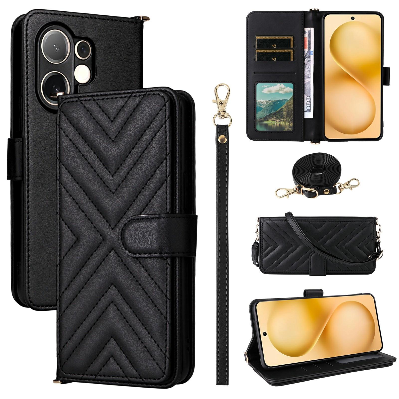

For vivo V60 5G Case with Shoulder/Wrist Strap Leather Phone Cover Stand Wallet Black