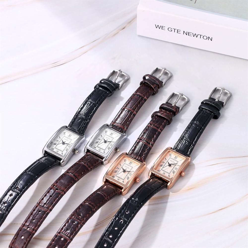 "Women's Square Dial Quartz Watch Waterproof Brown Strap Pink Case Simple Design"
