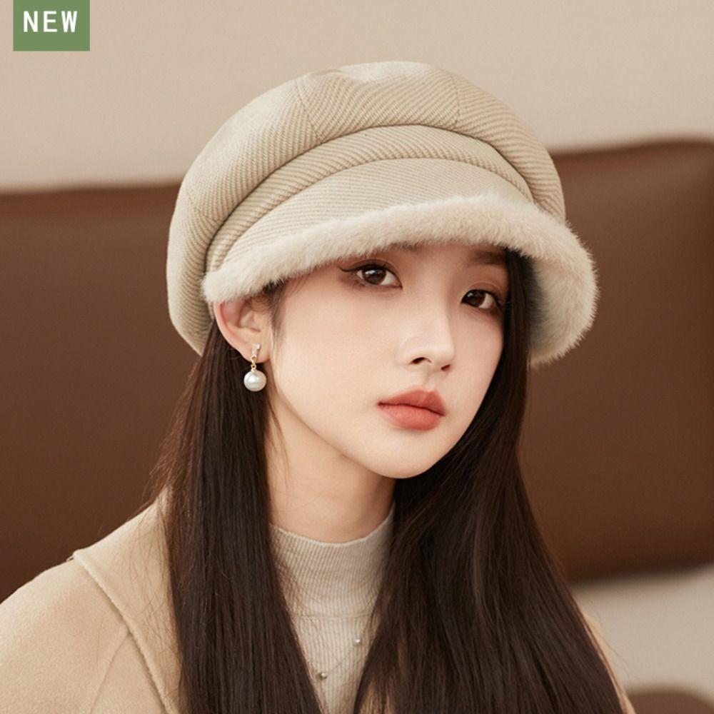 

Восьмиугольная шляпа с плюшевой оправой, однотонная кепка Newsboy, толстый берет для женщин