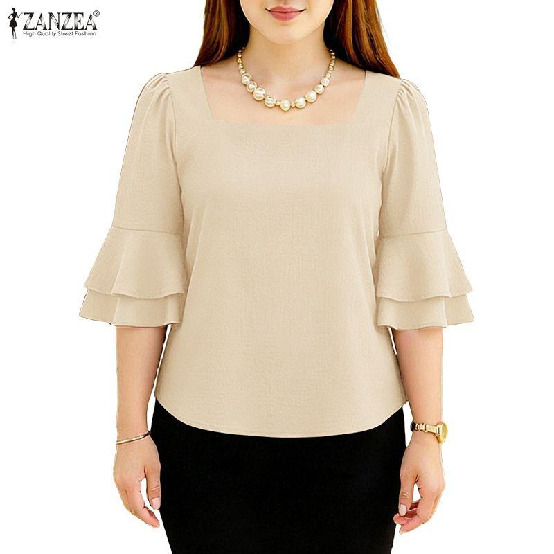 ZANZEA Blusa Elegante Casual da Donna con Scollo Quadrato, Maniche a Svasatura Ampie e Vestibilità Larga