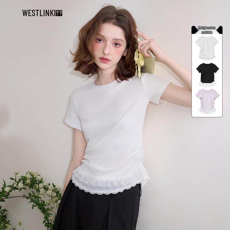 Xiyu Ballet-Inspired Lace Faux Two-Piece Pleated T-Shirt M