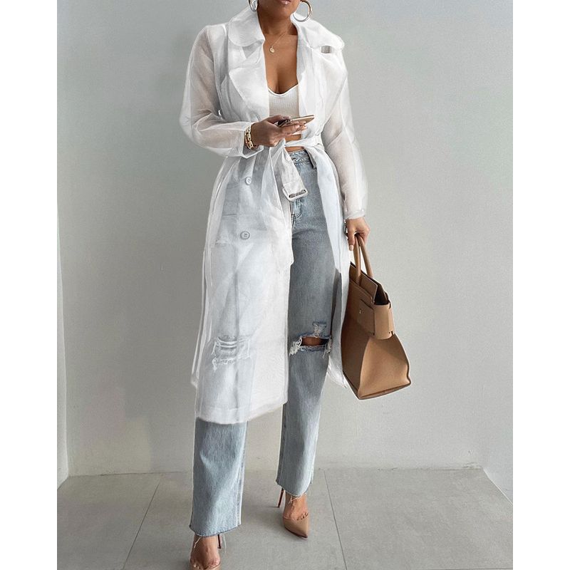 Women Casual Long Sleeve Coat Women Fashion Pure Color Perspective Outwear-with Belt