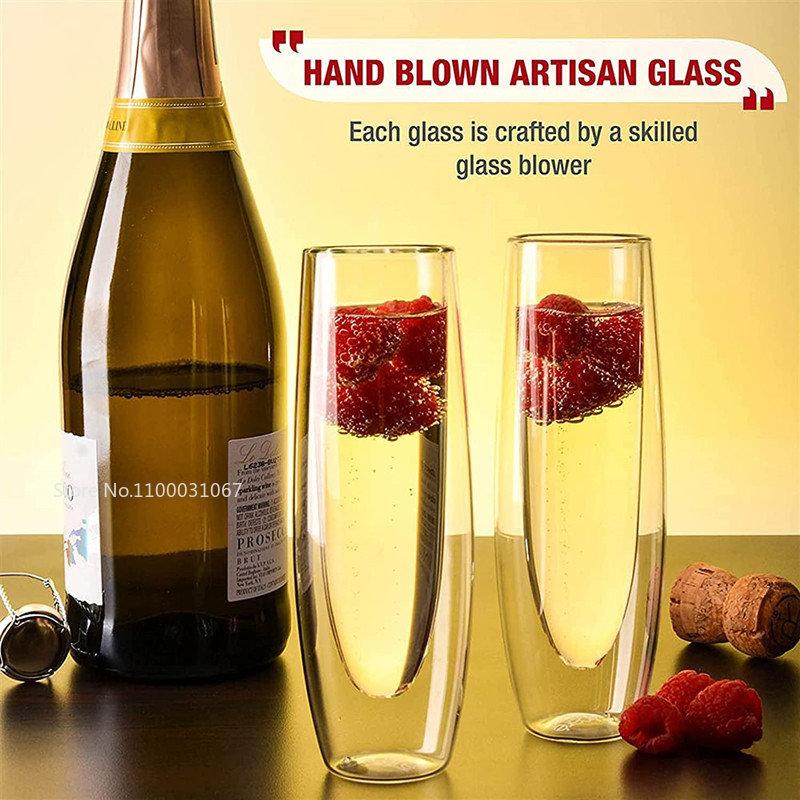 6Pcs Champagne Glasses Set Double Wall Heat Resist Glass Cup Stemless Sparkling Wine Glasses Transparent  Flute for Wedding