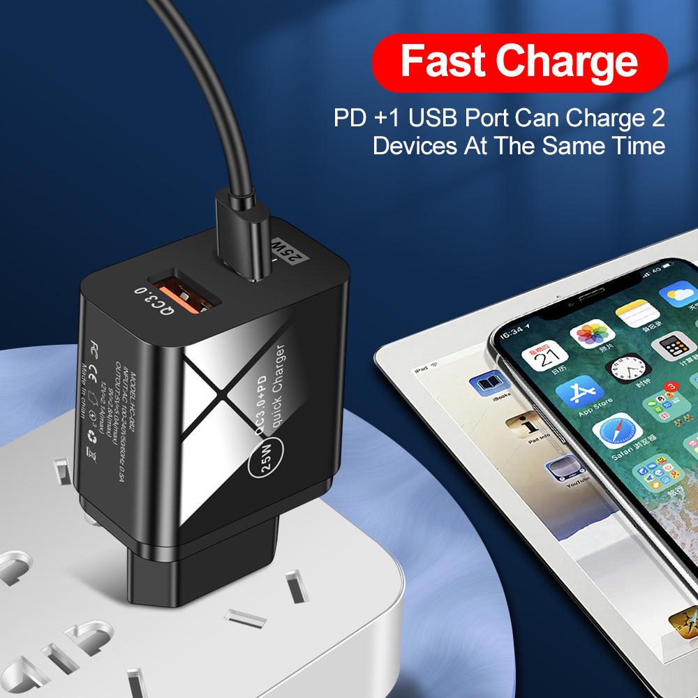25W PD Fast Charger 5A for Mobile Phones, UK/EU/US Type-C Adapter