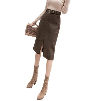 FYBownot Slim Wool Skirt with Slit and Belt for Perfect for and Business Suits Women's Knee-Length Fall/Winter, Office, Commuting,