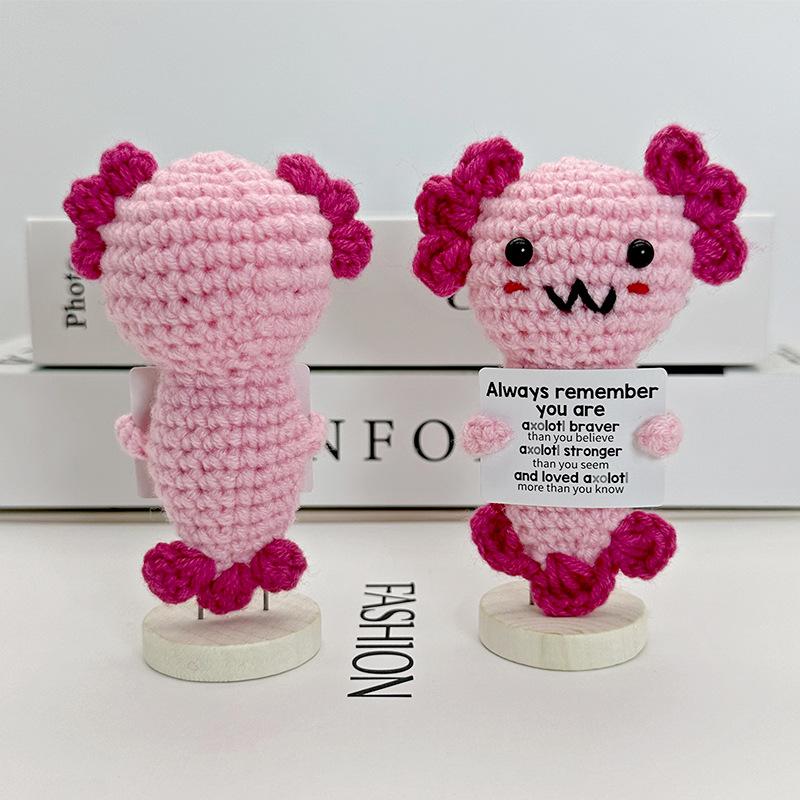 Positive Crochet Animal Axolotl Doll With Card Home Room Decor Handmade Emotional Support Wool Plush Axolotl Desktop Ornament