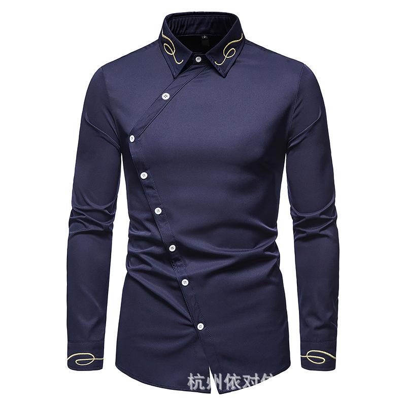 Spring Autumn Men's Trend Embroidery Asymmetric Long Sleeve Shirt Western Cowboy Shirt