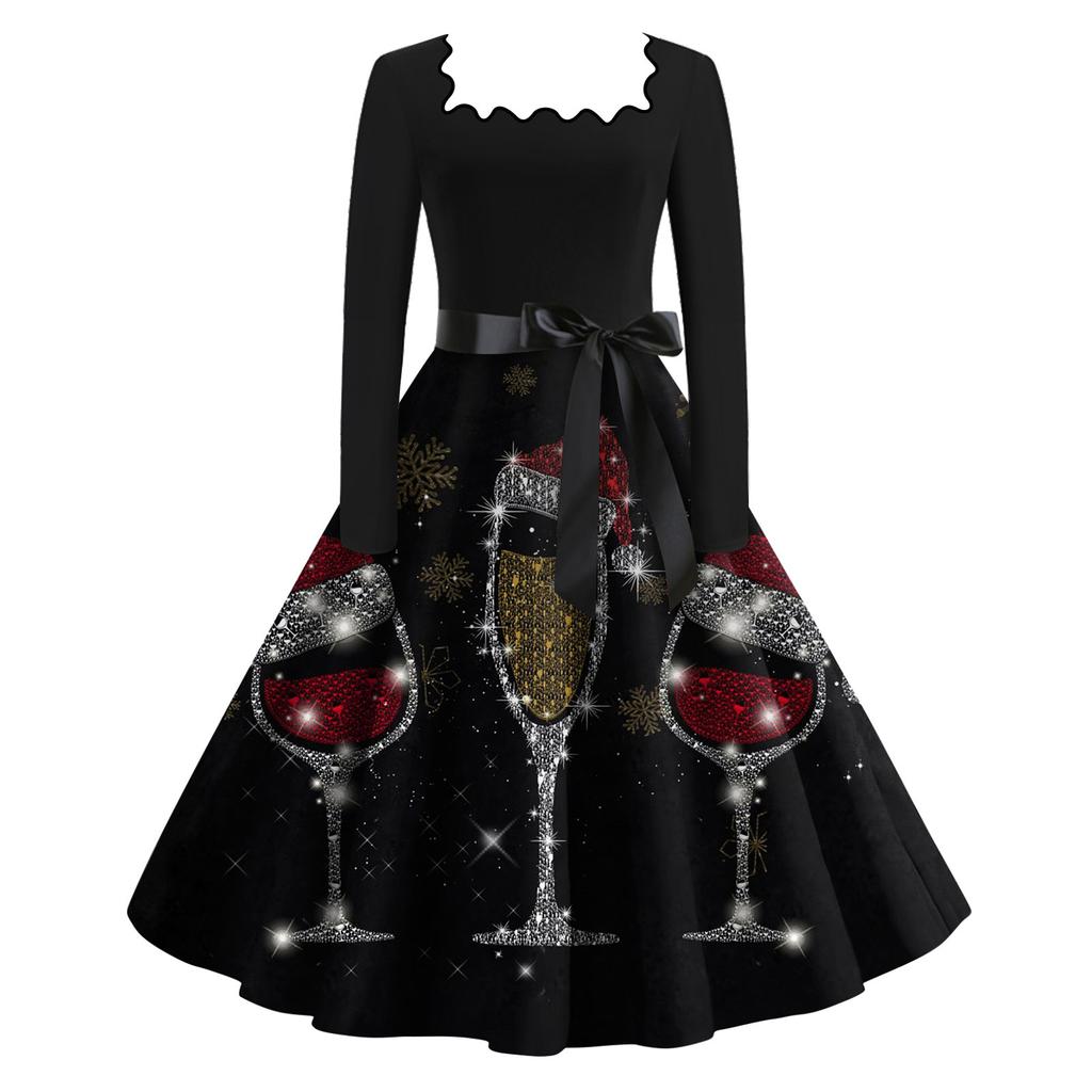 Kvinners mote Firkantet hals Uformell Slim Juletrykt Langermede kjoler