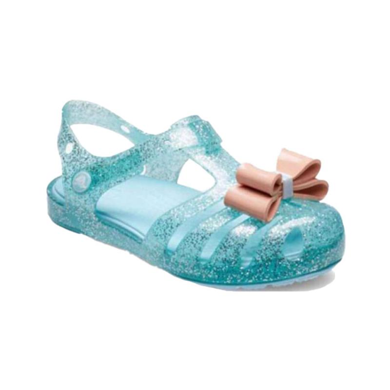 Crocs Isabella Bow Velcro Simple Casual Shiny Hole Sandals Ice Blue Kids' Style