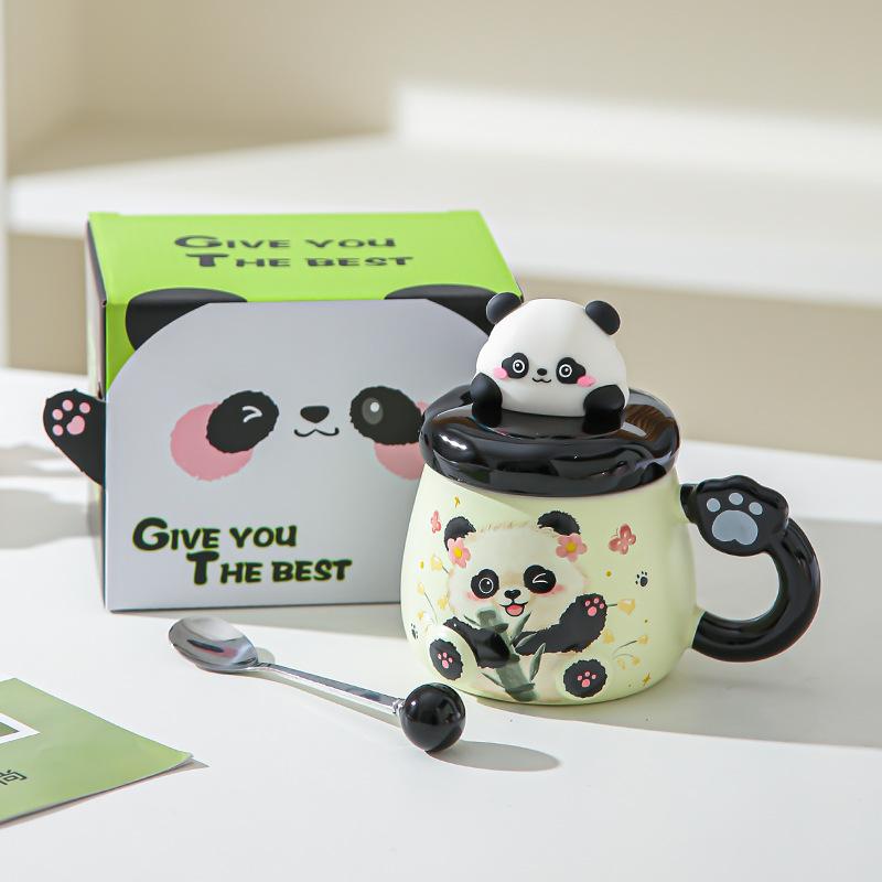 Cartoon Panda Mug with Lid Girl Cute Ceramic Office Home Couple Drinking Water Souvenir Birthday Gift
