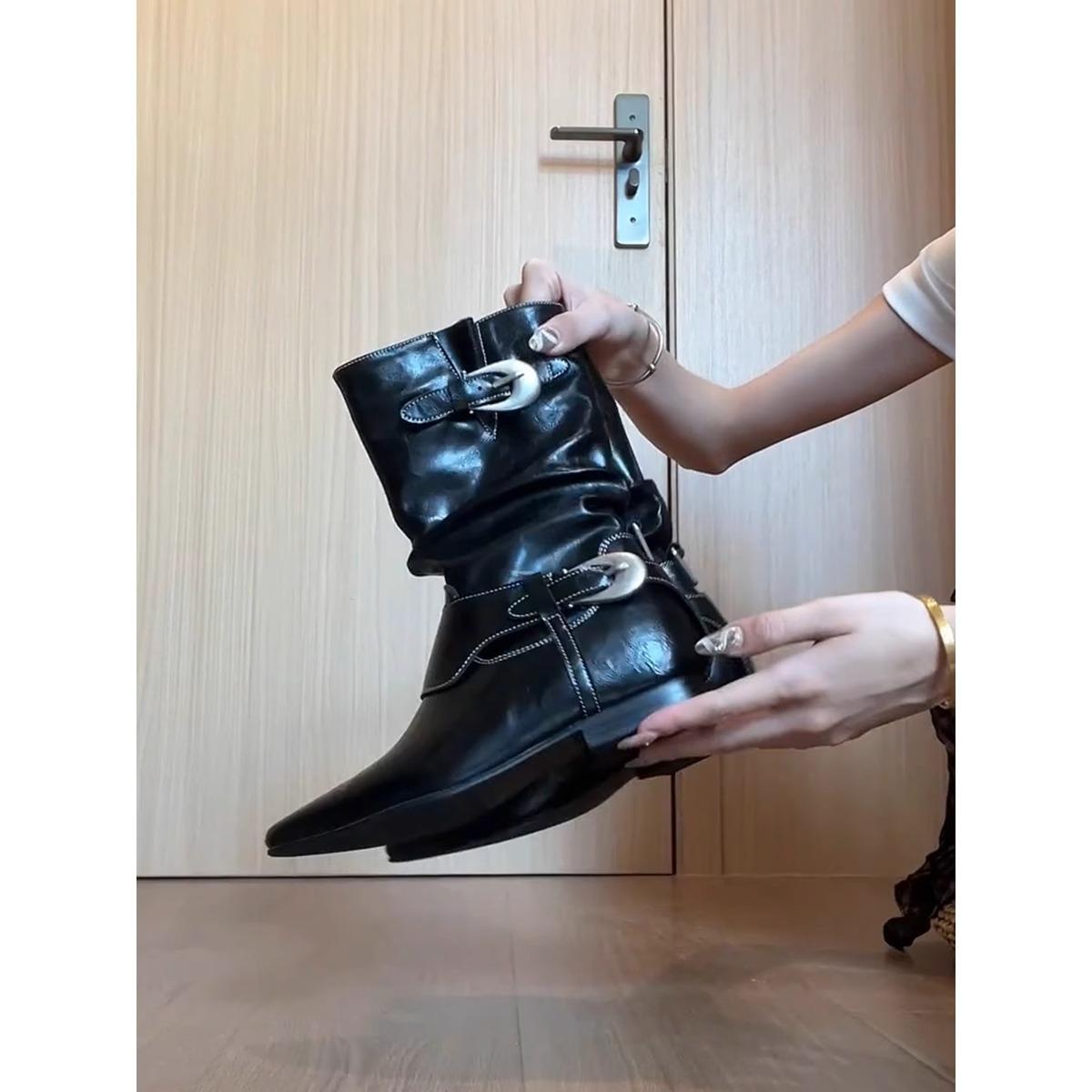 

Blue Cabinet Edition~ Niche Design Retro Martin Boots Belt Buckle Thick Heel Pointed Head Metal Buckle Black Soft Leather Boots Women 40 чёрный