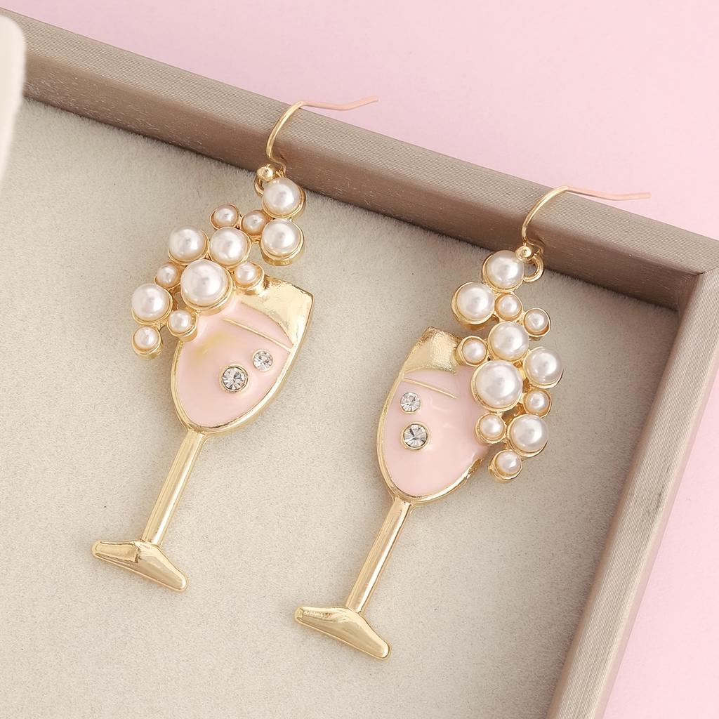 1Pair Cute Personalized Wine Glass Pearl Dripping Oil Women's Stud Earrings, Can Be Given To Girlfriends on Valentine's Day, Can Be Matched Daily