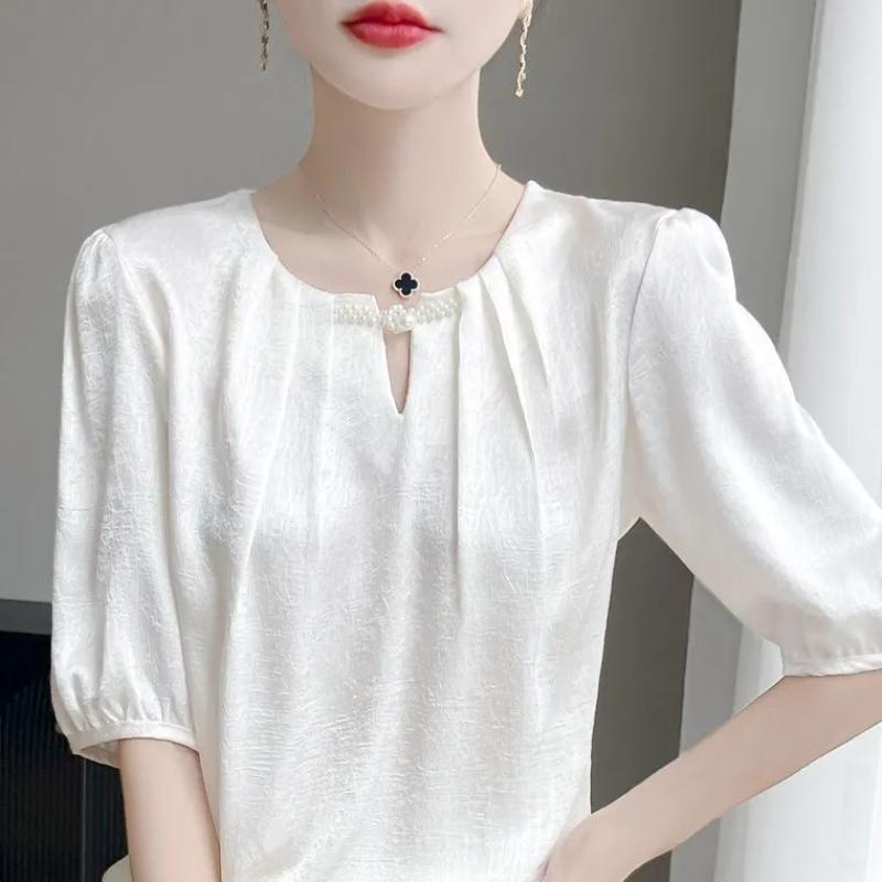 

Women s Metallic Glossy Round Neck Puff Sleeve Blouse Casual Elegant Top L білий