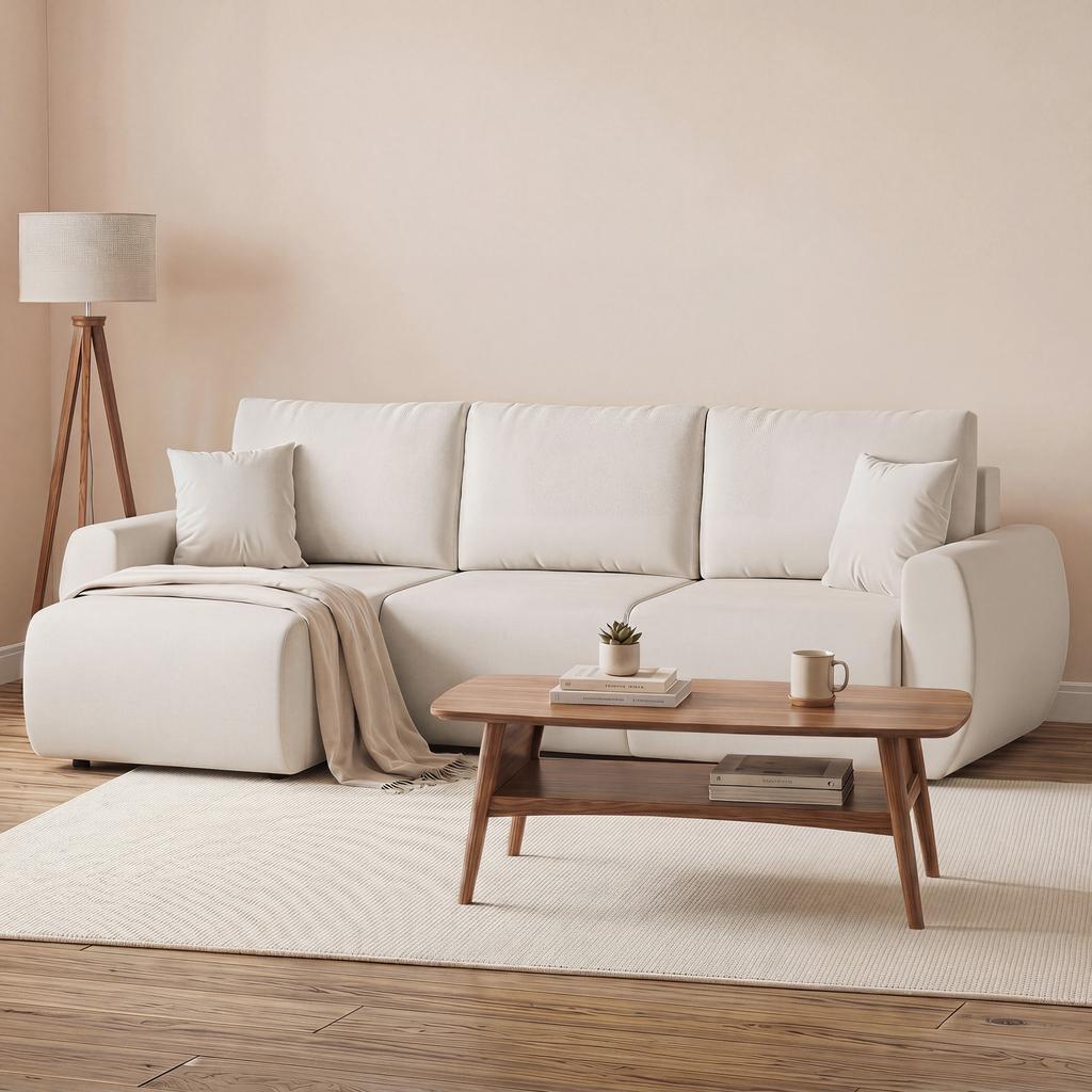 Sleeper Sofa with Reversible Chaise Longue, L-Shaped 3-Seater Sofa with Velour Cover, Cream White
