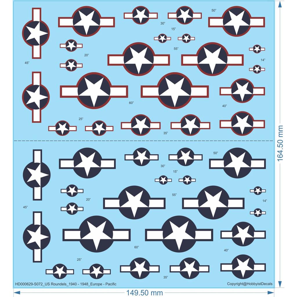 US Roundels_1940 - 1948_Europe - Pacific -1/24 1/32 1/48 1/72 1/144 -Water Decal - Waterslide, 1/24