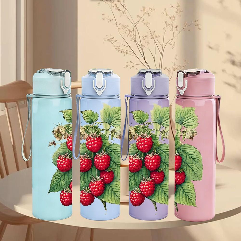 1PC Red Berry Fruit Branch Plant Print 750ml Color Plastic Sports Water Bottle Leakproof Flip Straw Lid Suitable for Sports Office Home Use