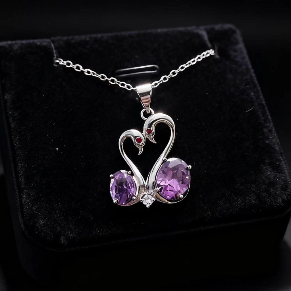 Accessories Imitation Coconut Round Pink Diamond Swan Love Necklace Women's Double Swan Zircon Pendant Clavicle Chain
