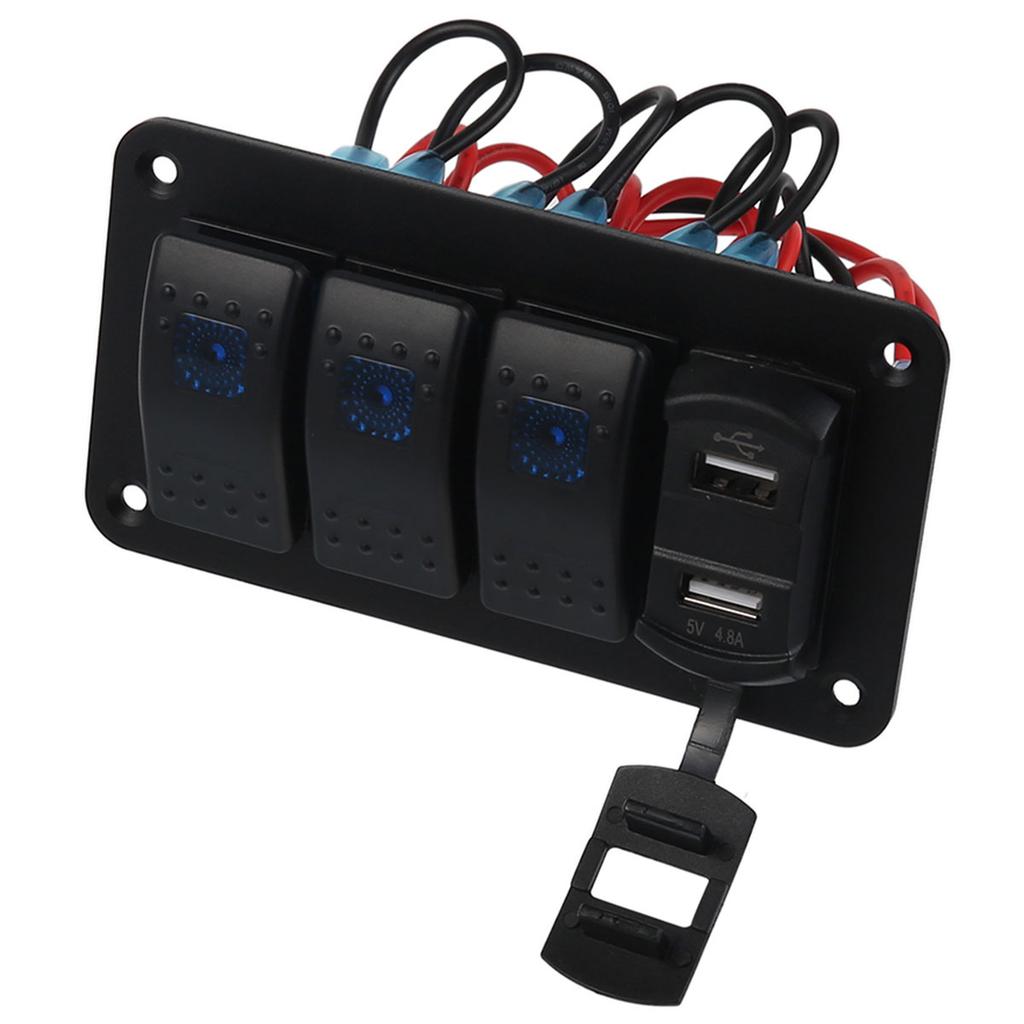 3 Gang Toggle Switch Panel 12V 24V Waterproof Rocker Switch Panel with Double USB Charger Port LED Lighted Protected Control Car