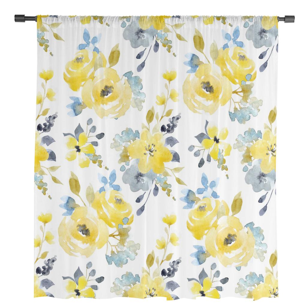 Plant Yellow Watercolor Flowers Sheer Curtains for Living Room Modern Voile Curtain Bedroom Tulle Curtains Window Drapes Decor