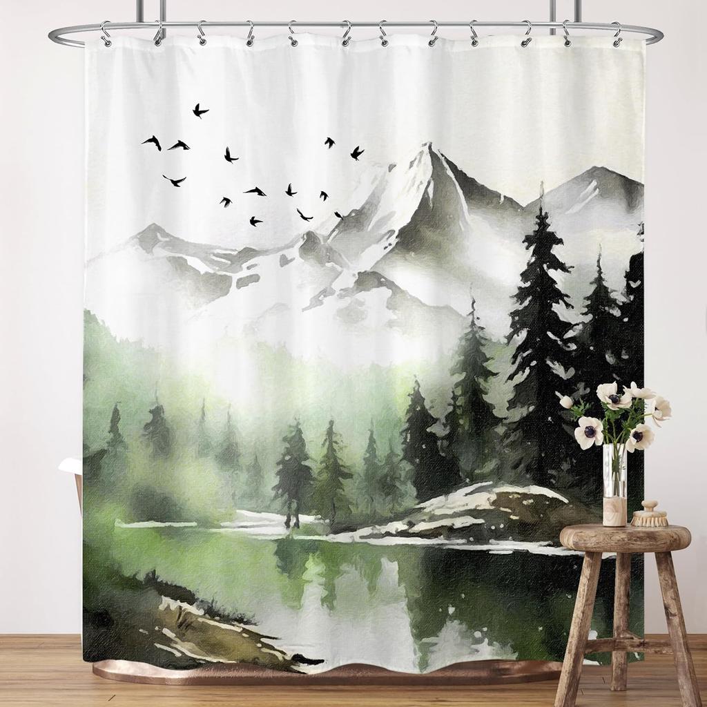Rustic Bear Cabin Shower Curtain, Western Lodge Mountain Animal Design, Waterproof Polyester With Hooks
