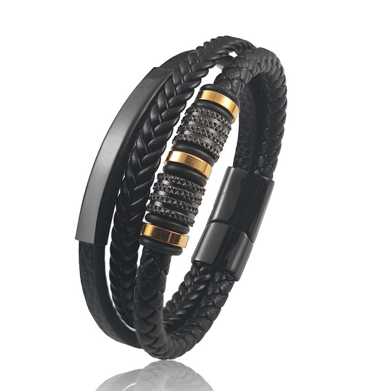 

Gold / Black Classic Leather Bracelet Irregular Shape Men Fashion Stainless Steel Clasp for Handsome Boys Birthday Jewelry Gift 22cm чорний