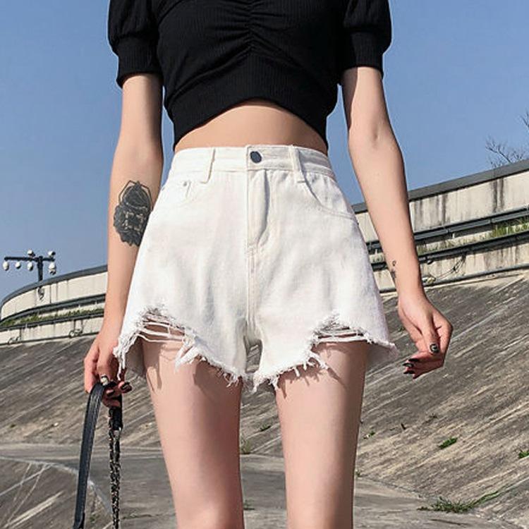 Summer Pants Classic and Minimalist Fashion Versatile Black Women's High-waisted Loose Summer Hole-breaking Thin Burlap Wide-legged Son Denim Shorts
