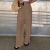 Women Pants Elastic High Waist Wide Leg Casual Trousers Pure Color Hollow Embroidery Casual Trousers with Liner Daily Wear