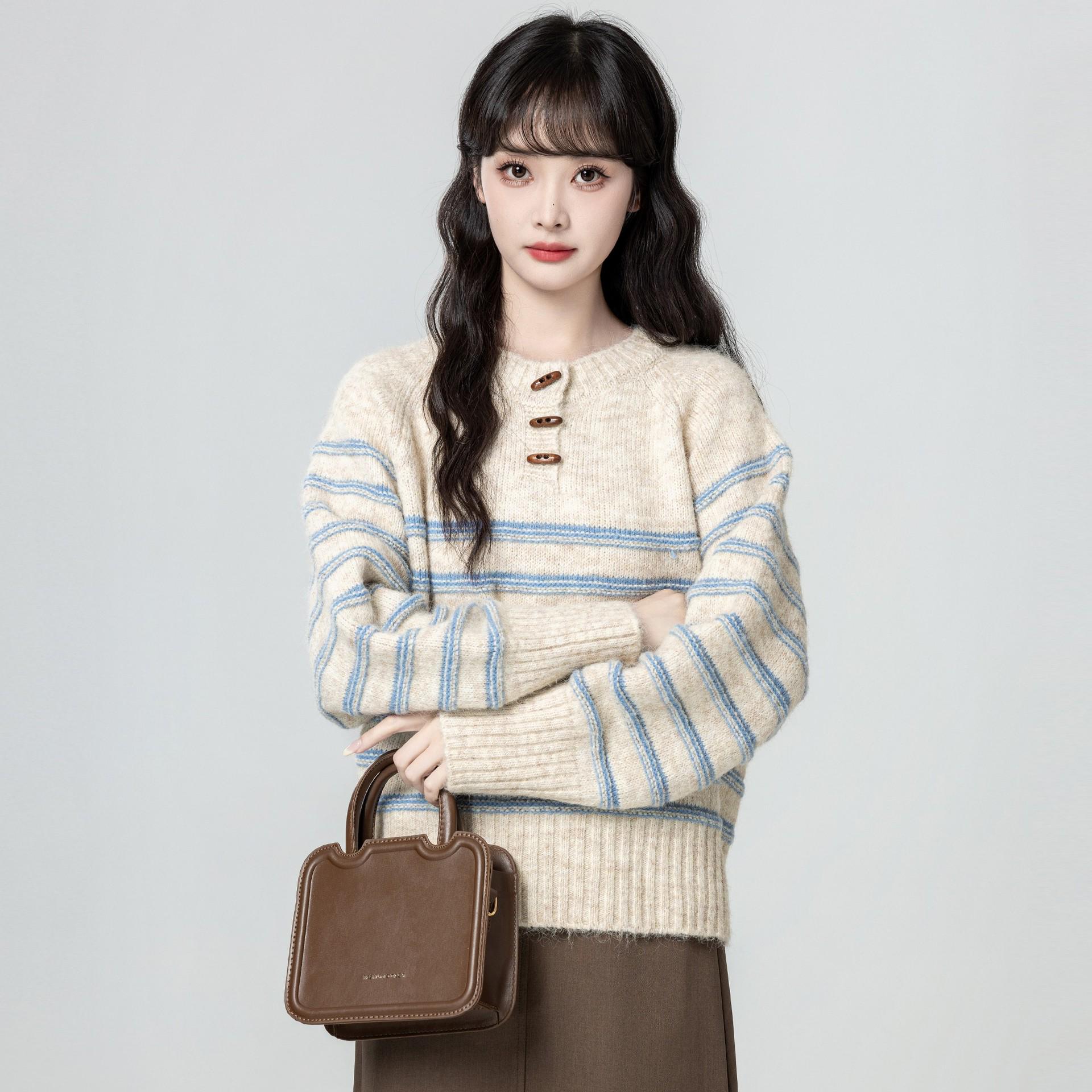 

Women s Retro Striped Knit Pullover - Korean Style Autumn/Winter Loose Fit Sweater One size