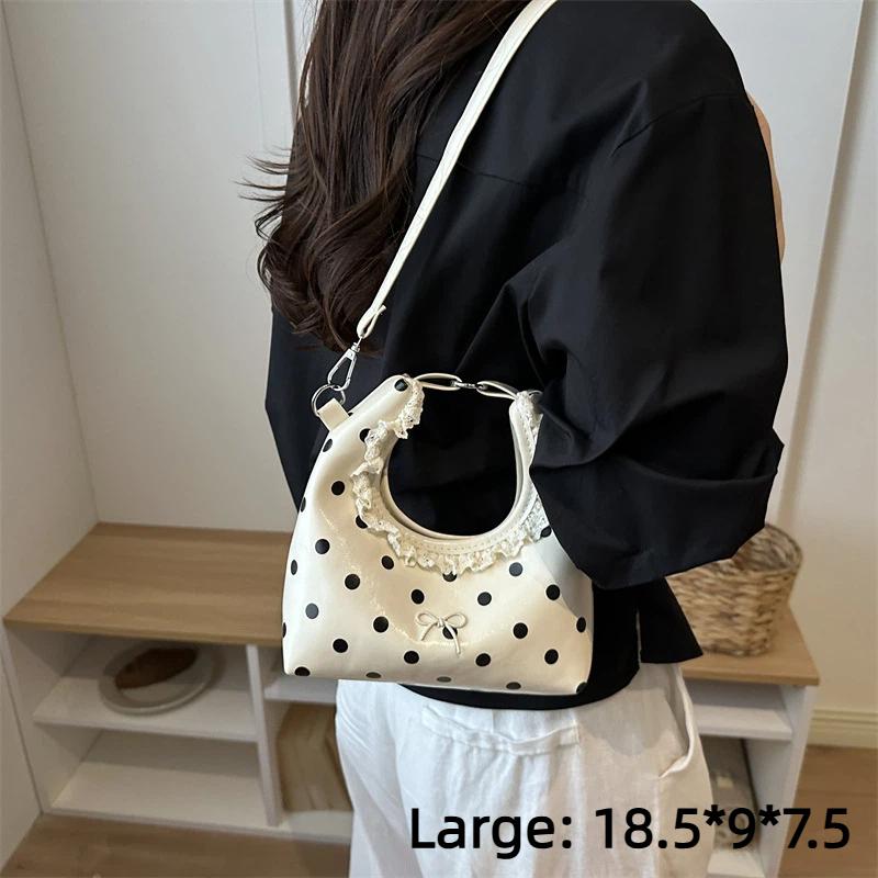 Polka Dot PU Leather Bag with Detachable Strap Lace Ruffled Handle Cute Bow Casual Purse for Daily Use