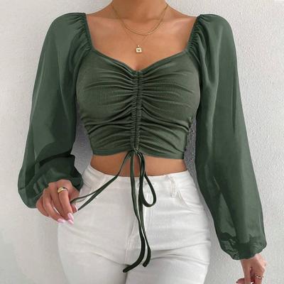 Women's Sweetheart Neck Drawstring Puff Sleeve Cropped Top, French Style Casual Blouse for Women, European American Fashion