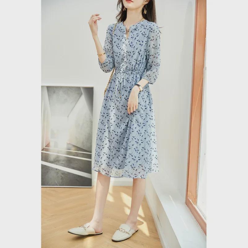 2025 Spring/Summer Floral Chiffon Waist-Slimming Long Dress for Women