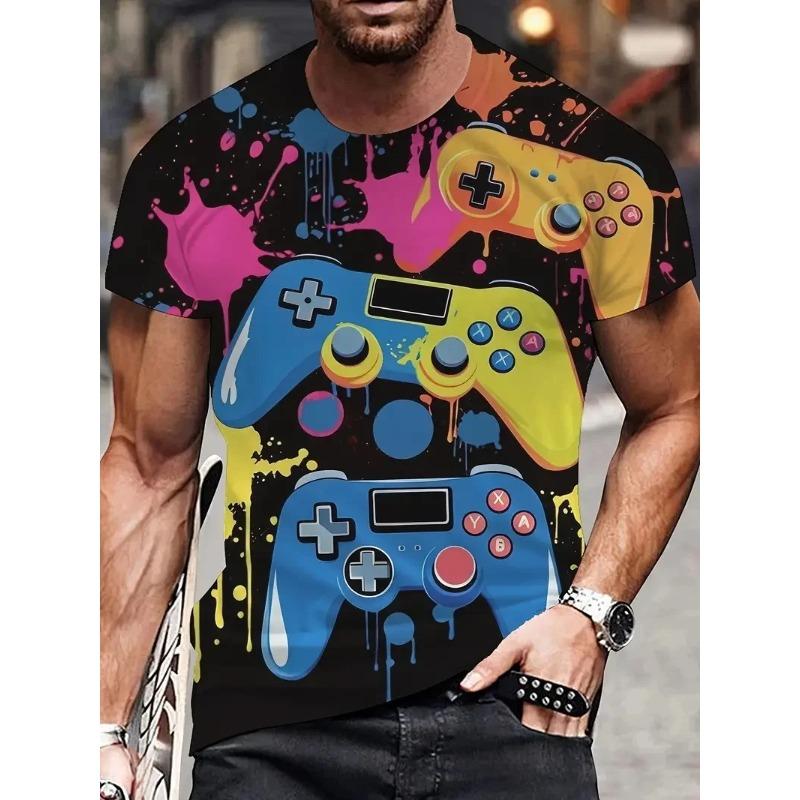 3D Digitaldruck Herren Freizeit Lebendiges Neon Game Controller Design T-Shirt Neu im Rundhals Kurzarm Gamer T-Shirt für Männer