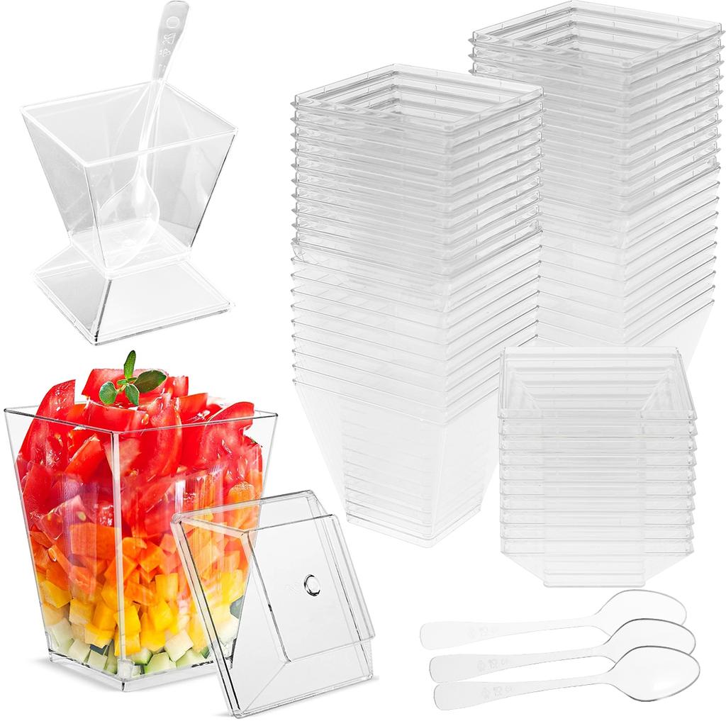 50 Pcs Dessert Cups with Lids and Spoons Clear Parfait Cups Reusable Appetizer Cups Plastic Serving Bowls Rectangle Pudding Cups