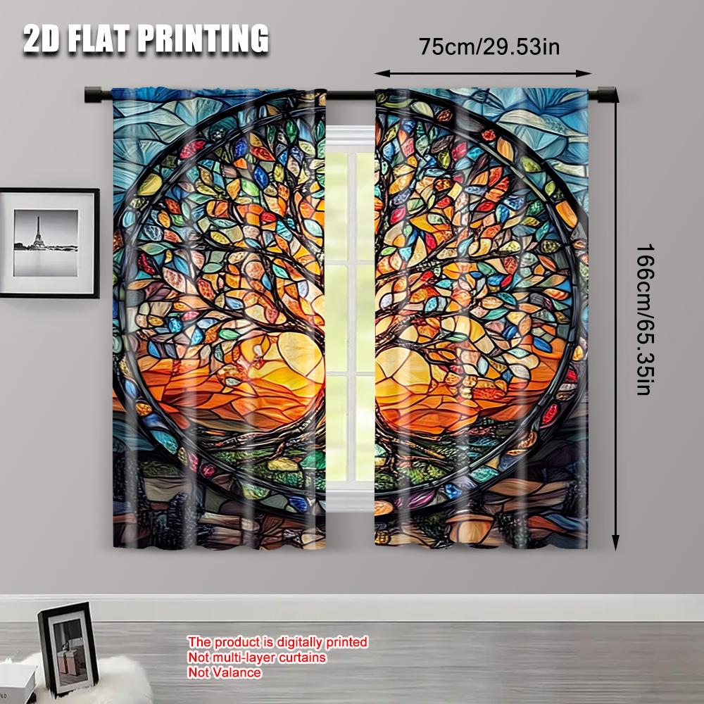 Flat Printing Curtain Stained Glass Tree Life Polyester Without Electricity Festive Wall Decor Home Party Curtains Set Of 2 Made