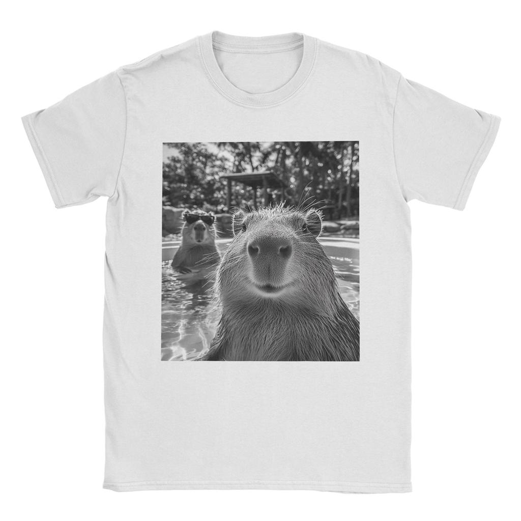 Novelty Cool Capybara Selfie T-Shirts for Men O Neck 100% Cotton T Shirt Short Sleeve Tees Gift Idea Tops