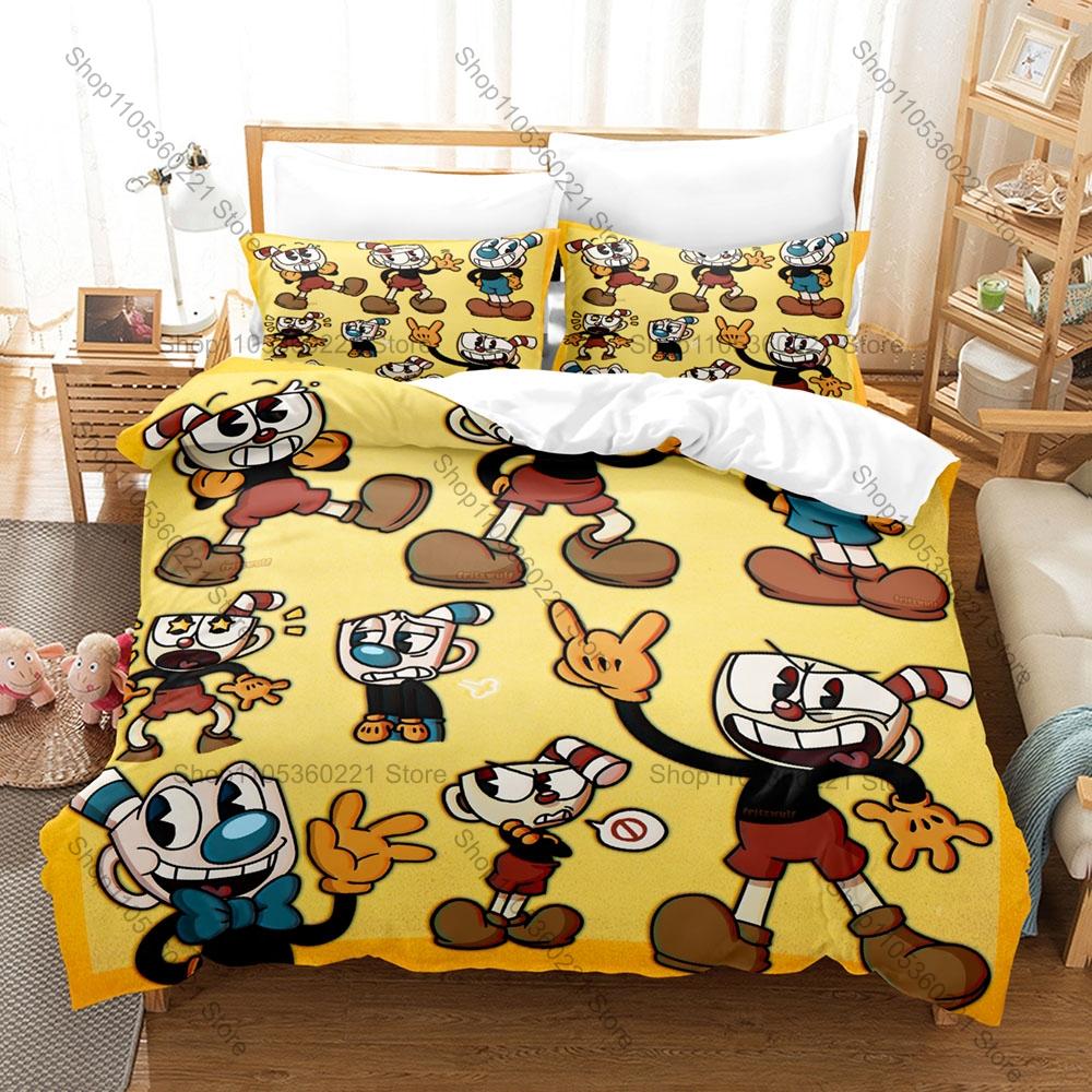 Cool Cuphead and Mugman Bedding Set Includes Duvet Cover + 2 Pillowcases 1930s Retro Rubber Hose Run And Gun Game Bedroom For Ga